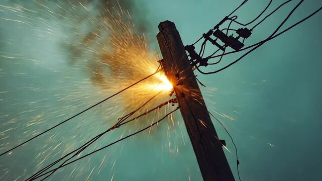 Electrical pole malfunction displaying bright sparks and smoke creating dynamic scenes
