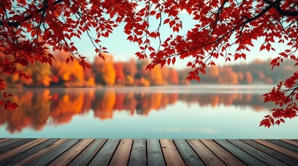 An autumn scene with vibrant orange and red leaves on tree branches framing a calm lake, a rustic wooden deck or table in the foreground, and blurred autumn foliage reflecting in the water