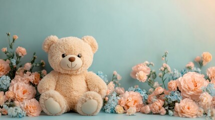 Teddy bear sitting with flowers on a pastel blue background