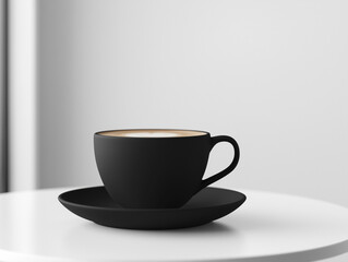 A bold black charcoal latte served in a sleek matte black cup, set on a minimalist white table in a stylish modern café, creating a striking contrast.
