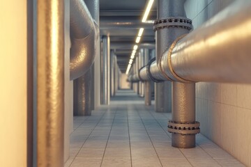 View of a modern industrial corridor with metallic pipes and tiled floor
