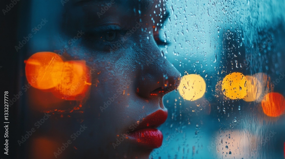 Poster soft raindrops cling to the windowpane while a contemplative figure stares into the rainy night, vib