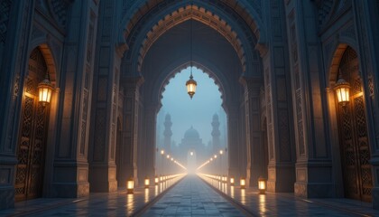 Obraz premium Mosque architecture with lit lamps at dawn for travel brochure and spiritual article