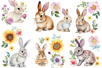 Cute Watercolor Rabbits with Sunflowers and Floral Elements