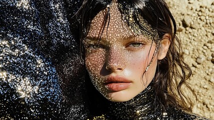 Fashion portrait of a woman with glittering black veil and golden reflections