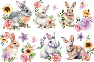 Group of Watercolor Bunnies with Colorful Flowers in Pastel Style