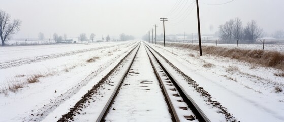 Snow-covered railway tracks stretch infinitely into a wintry horizon, epitomizing the stark beauty and solitude of winter travel.