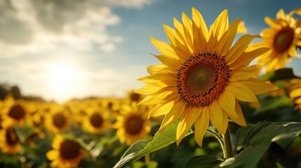 Obraz premium A stunning view of a vibrant sunflower field basking under a clear blue sky, symbolizing happiness, positivity, and the beauty of nature in full bloom.