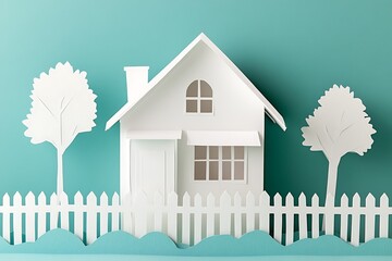 Papercraft house with fence and trees.