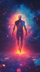 Obraz premium A human figure walks toward bright light in a cosmos setting