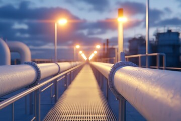 Long industrial walkway with illuminated pipes at twilight against a cloudy sky