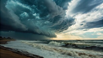 A dramatic seascape featuring turbulent waves and ominous storm clouds, highlighting the power and beauty of nature.