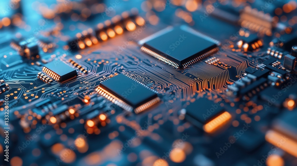 Poster close-up of electronic microchip on a luminous circuit board with detailed connections