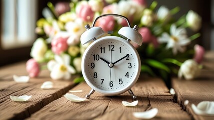 A white alarm clock with pink flowers on the table