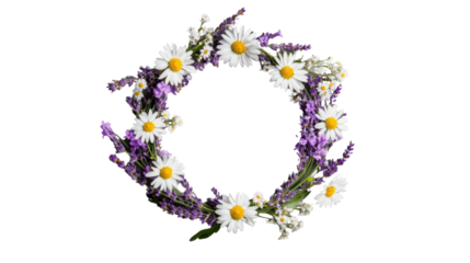 Beautiful flower crown with lavender and daisies on transparent background