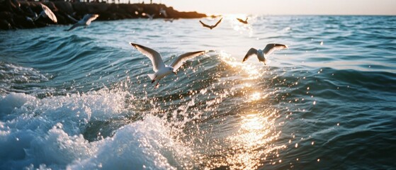 Seagulls soar above crashing waves at sunset, creating a dynamic scene filled with movement and golden light.
