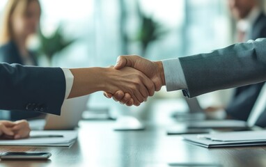 Close Up Business Handshake with Meeting Attendees at Conference Table in Light Office