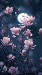 Magnolia flowers blooming under the moonlight