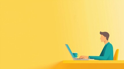 Young Man Working on Laptop with Coffee on Bright Yellow Background