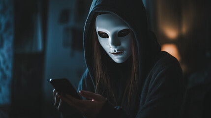 A woman hacker in white anonymous face mask and hoody holding a smartphone try to scamming on online social media network.