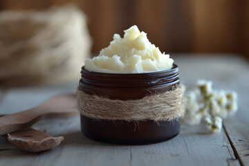 Whipped tallow skincare product in a rustic jar with natural decor with copy space