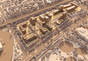 Architectural scale model of a modern urban development, cardboard and wood material render.