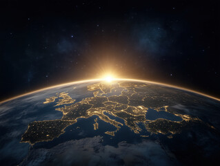 Obraz premium breathtaking view of Earth from space, showcasing Europe illuminated by city lights as sun rises on horizon, creating hopeful and serene atmosphere