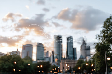 panoramic view of vibrant urban skyline with digital elements, showcasing modern architecture and beautiful sunset. scene captures essence of city life and innovation