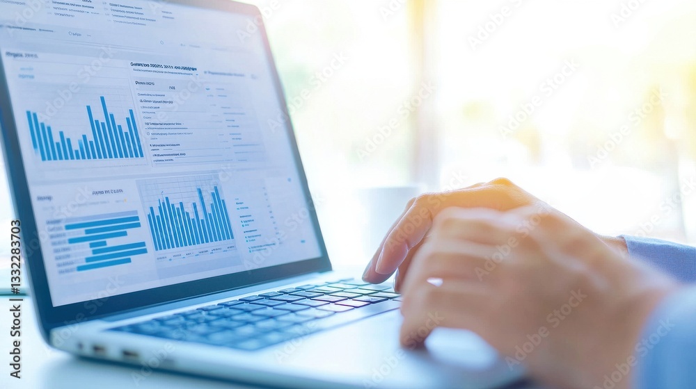 Poster data analysis on laptop with charts and graphs displayed