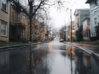 Obraz premium serene urban landscape featuring vacant buildings and rainy street, reflecting soft lights and moody atmosphere. scene captures essence of solitude and tranquility