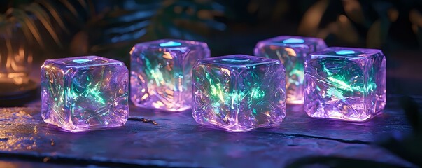 Glowing ice cubes with purple and green illumination on dark wooden surface create magical atmosphere for party decoration and festive events.