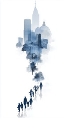dynamic urban illustration of city skyline with silhouettes of people walking. artwork features blend of blue tones, trees, and modern architecture, evoking sense of movement and life