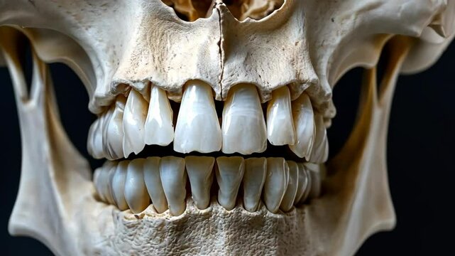 Detailed view of human skull with prominent teeth under dramatic lighting in a study environment