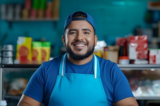 Hispanic male small business owner wearing blue apron and baseball cap smiling confidently in retail store, representing entrepreneurship and customer service.