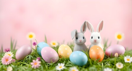 Fototapeta premium Adorable Easter Bunny with Colorful Eggs in Spring Grass - Easter Celebration Scene