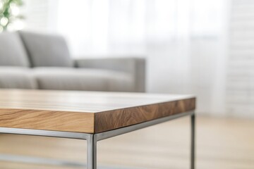 close-up shot of modern coffee table corner focus on textured wood grain and smooth metal frame against blurred minimalist