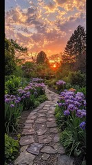 Serene stream with irises at sunset © Audy