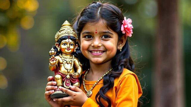 young Indian girl holds a small statue of a Hindu deity. faith, tradition, and the passing down of cultural values. indian little child ang toy small religious statue, video 4k	
