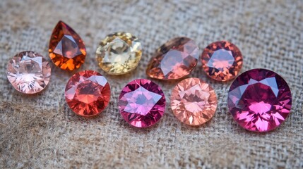 Fototapeta premium A selection of rare padparadscha sapphires in soft pink-orange hues, elegantly displayed.
