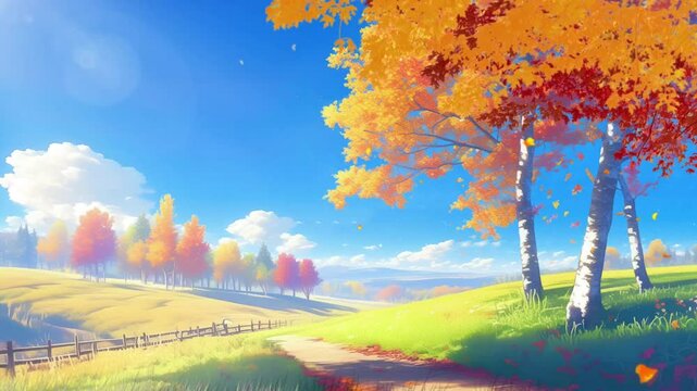 Beautiful sky fantasy landscape with falling leaves sunny forest tree, Autumn scenery, anime or carton illustration style seamless looping animation background