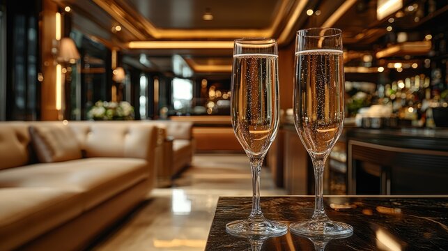 A VIP lounge with champagne glasses and a refined atmosphere