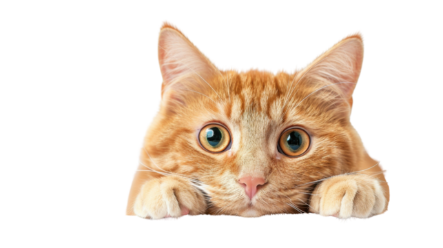 Ginger cat peeking over blank surface with transparent background