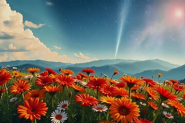 Day Meets Night: Mountain Landscape with Gerberas and Daisies