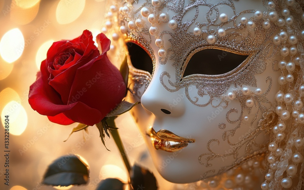 Poster a close-up of an elegant venetian mask with delicate pearls and a red rose, set against the backdrop