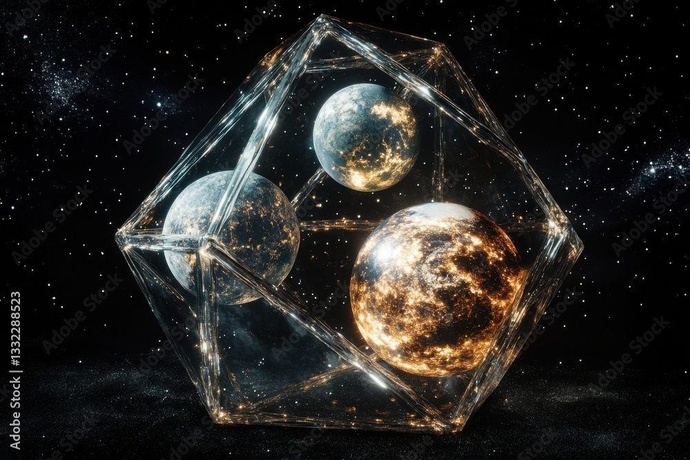 Aufkleber Three planets inside an octahedral glass cube, floating in space. The background is black with stars and galaxies. There is a golden glow around the box.