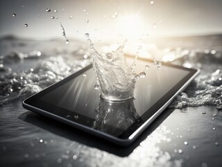 Sustainable Tech: Tablet in Warm Sunlight with Water Splash Background