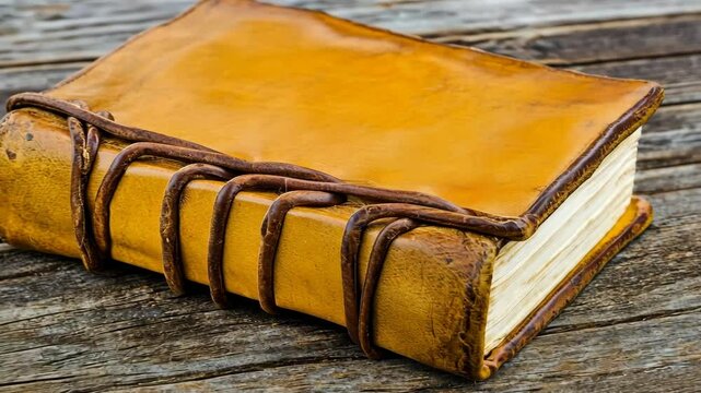 Handcrafted leather journal resting on rustic wooden surface with elaborate binding details