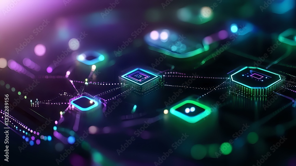 Poster glowing microchip processors connected by digital pathways on dark circuit board with purple and tur