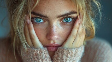 A woman blushing and covering her face after an awkward moment