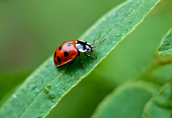 Ladybird on green leaf